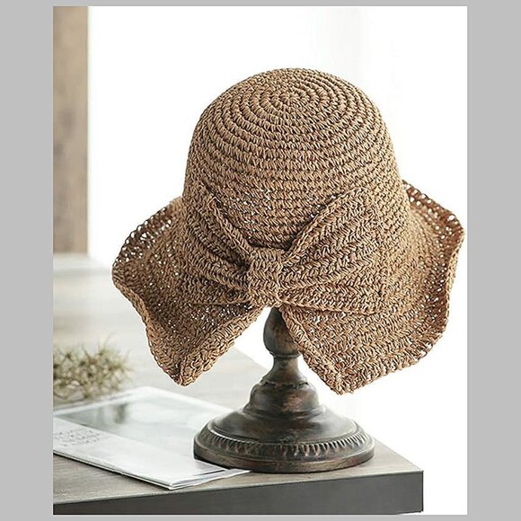 Wide Brim Floppy Straw Beach Sun Hat 2 Pack Khaki & Black - Picture 6 of 9